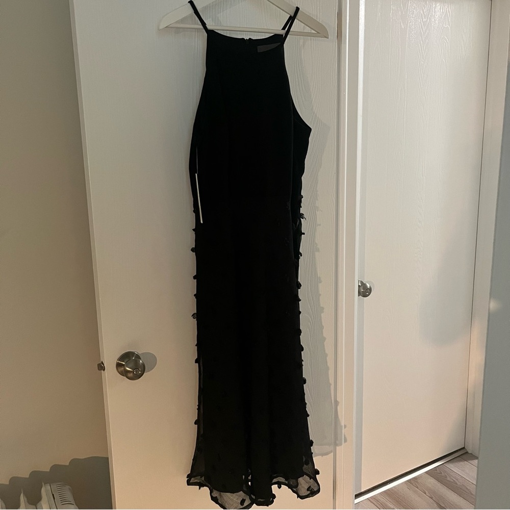Anthropologie Sunday In Brooklyn Black Midi Pom Pom Sheer Dress L NWT